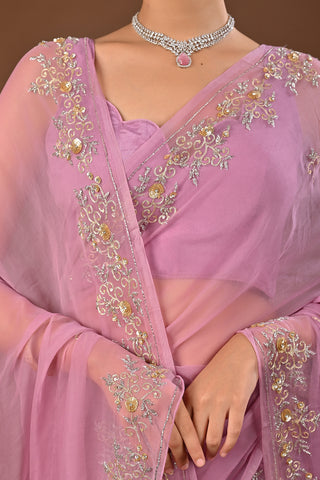 Onion Pink Chiffon Saree with Aari kasab