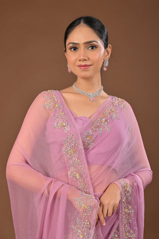 Shaded Dusty Onion and Mustard Chiffon Saree with Aari Kasab and sequins work with floral motifs