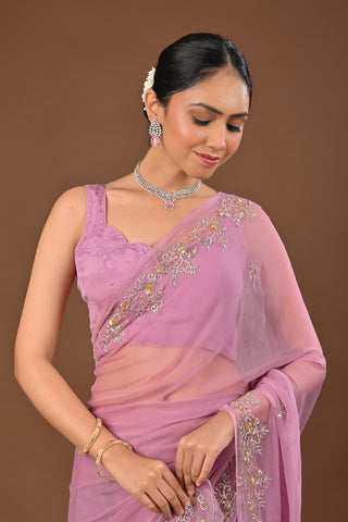 Shaded Dusty Onion and Mustard Chiffon Saree with Aari Kasab and sequins work with floral motifs
