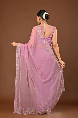 Shaded Dusty Onion and Mustard Chiffon Saree with Aari Kasab and sequins work with floral motifs