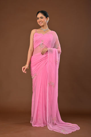 Pink Chiffon Saree with Gold and Silver Cutdana Boota