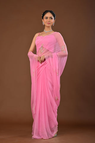 Pink Chiffon Saree with Gold and Silver Cutdana Boota