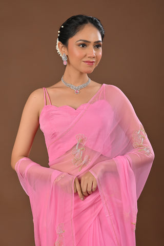 Pink Chiffon Saree with Gold and Silver Cutdana Boota