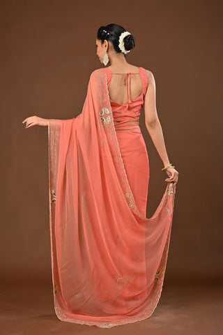 Dusty Peach Chiffon Saree with Cutting Cutdana border with Peacock Motifs