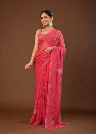 Gajari Chiffon Saree with Aari Kasab Jaal with cutdana and resham motifs