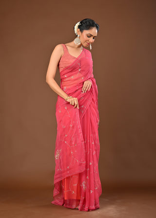 Gajari Chiffon Saree with Aari Kasab Jaal with cutdana and resham motifs