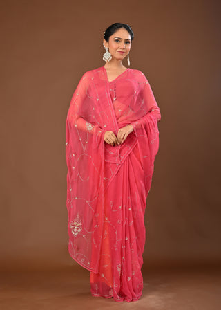 Gajari Chiffon Saree with Aari Kasab Jaal with cutdana and resham motifs