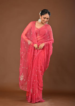 Gajari Chiffon Saree with Aari Kasab Jaal with cutdana and resham motifs