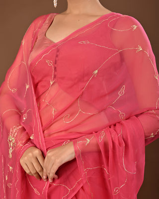 Gajari Chiffon Saree with Aari Kasab Jaal with cutdana and resham motifs