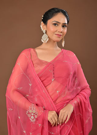 Gajari Chiffon Saree with Aari Kasab Jaal with cutdana and resham motifs