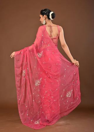 Gajari Chiffon Saree with Aari Kasab Jaal with cutdana and resham motifs