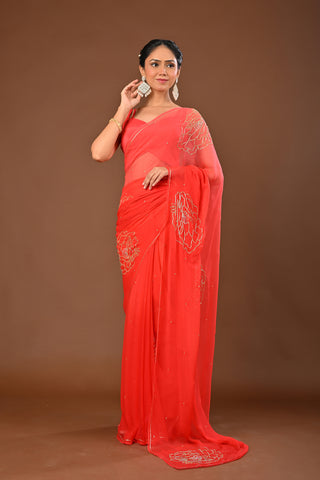 Shaded Orange Chiffon Saree with Cutdana Boota