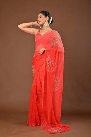 Shaded Orange Chiffon Saree with Cutdana Boota