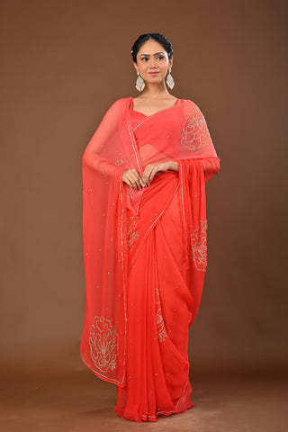 Shaded Orange Chiffon Saree with Cutdana Boota