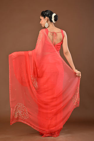 Shaded Orange Chiffon Saree with Cutdana Boota
