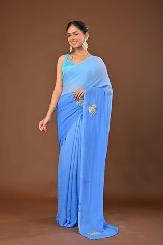 Greyish Blue Platinum Chiffon Saree with Cutting Kasab Fish Heavy Boota