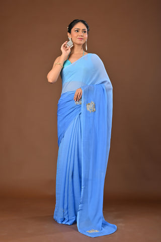 Greyish Blue Platinum Chiffon Saree with Cutting Kasab Fish Heavy Boota