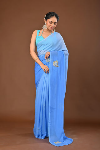 Greyish Blue Platinum Chiffon Saree with Cutting Kasab Fish Heavy Boota