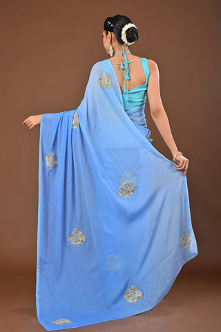 Greyish Blue Platinum Chiffon Saree with Cutting Kasab Fish Heavy Boota