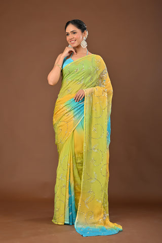 Shaded Yellow Firozi Platinum Chiffon Saree with Aari sequins all over full jaal and peacock kasab sequins big boota all over
