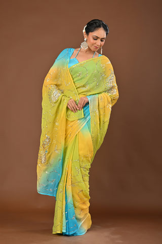 Shaded Yellow Firozi Platinum Chiffon Saree with Aari sequins all over full jaal and peacock kasab sequins big boota all over