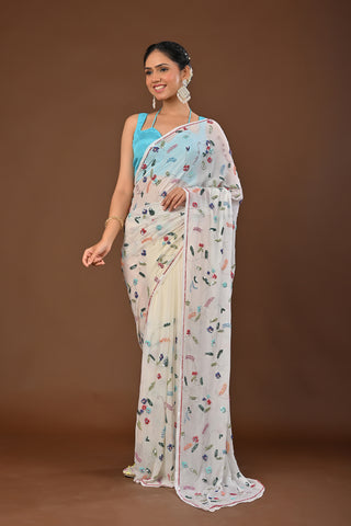 Off White Platinum Chiffon Saree with Muti Color Sequins full jaal