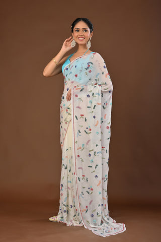 Off White Platinum Chiffon Saree with Muti Color Sequins full jaal