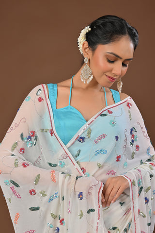 Off White Platinum Chiffon Saree with Muti Color Sequins full jaal