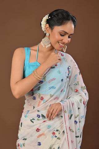 Off White Platinum Chiffon Saree with Muti Color Sequins full jaal