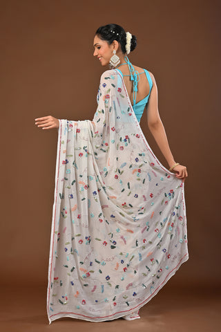 Off White Platinum Chiffon Saree with Muti Color Sequins full jaal