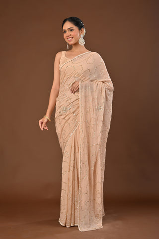 Beige Platinum Chiffon Saree with Sequins Jaal with Aari Kasab motifs
