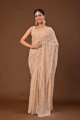 Beige Platinum Chiffon Saree with Sequins Jaal with Aari Kasab motifs