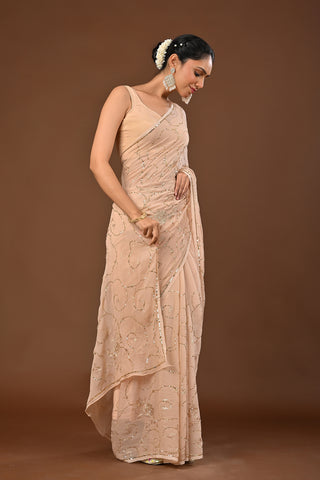 Beige Platinum Chiffon Saree with Sequins Jaal with Aari Kasab motifs