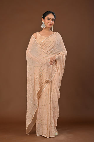 Beige Platinum Chiffon Saree with Sequins Jaal with Aari Kasab motifs