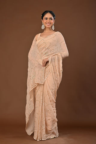 Beige Platinum Chiffon Saree with Sequins Jaal with Aari Kasab motifs