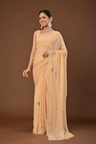 Beige Platinum Chiffon Saree with Kasab bird motif with pearl work