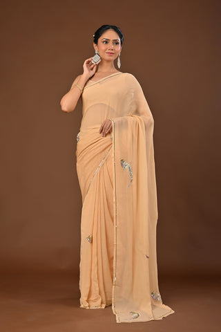 Beige Platinum Chiffon Saree with Kasab bird motif with pearl work