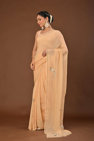 Beige Platinum Chiffon Saree with Kasab bird motif with pearl work