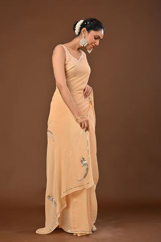 Beige Platinum Chiffon Saree with Kasab bird motif with pearl work