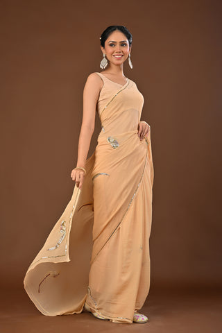 Beige Platinum Chiffon Saree with Kasab bird motif with pearl work