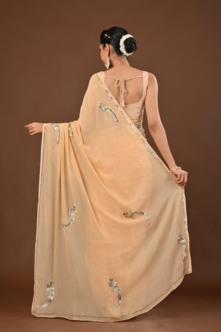 Beige Platinum Chiffon Saree with Kasab bird motif with pearl work