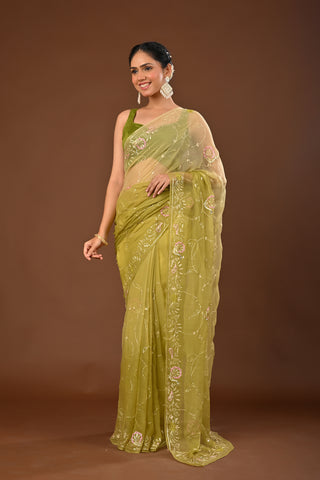 Shaded Mehendi Chiffon Saree with Aari Kasab border with heavy jaal with Peacock Motifs