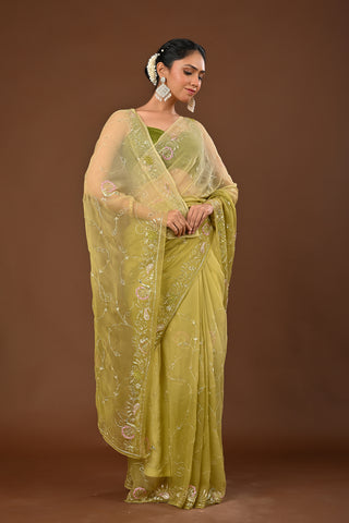 Shaded Mehendi Chiffon Saree with Aari Kasab border with heavy jaal with Peacock Motifs