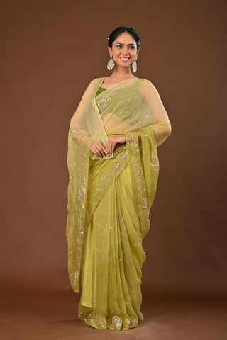 Shaded Mehendi Chiffon Saree with Aari Kasab border with heavy jaal with Peacock Motifs