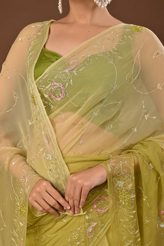 Shaded Mehendi Chiffon Saree with Aari Kasab border with heavy jaal with Peacock Motifs