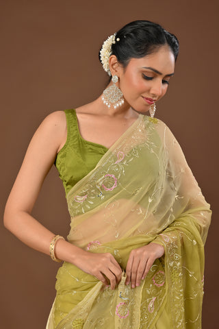 Shaded Mehendi Chiffon Saree with Aari Kasab border with heavy jaal with Peacock Motifs