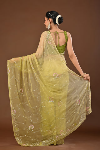 Shaded Mehendi Chiffon Saree with Aari Kasab border with heavy jaal with Peacock Motifs