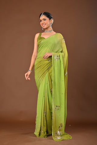Shaded Mehendi Platinum Chiffon Saree with Gold and Silver Aari Kasab boota with Zardozi and copper sequins