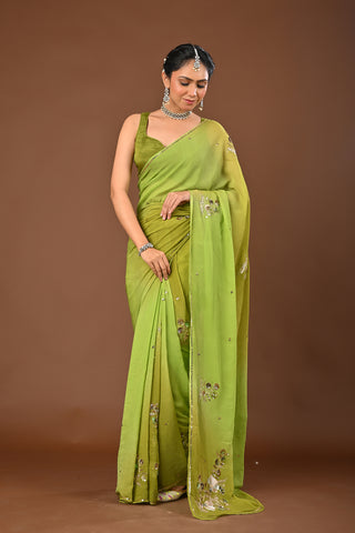 Shaded Mehendi Platinum Chiffon Saree with Gold and Silver Aari Kasab boota with Zardozi and copper sequins