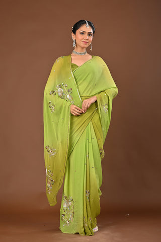 Shaded Mehendi Platinum Chiffon Saree with Gold and Silver Aari Kasab boota with Zardozi and copper sequins